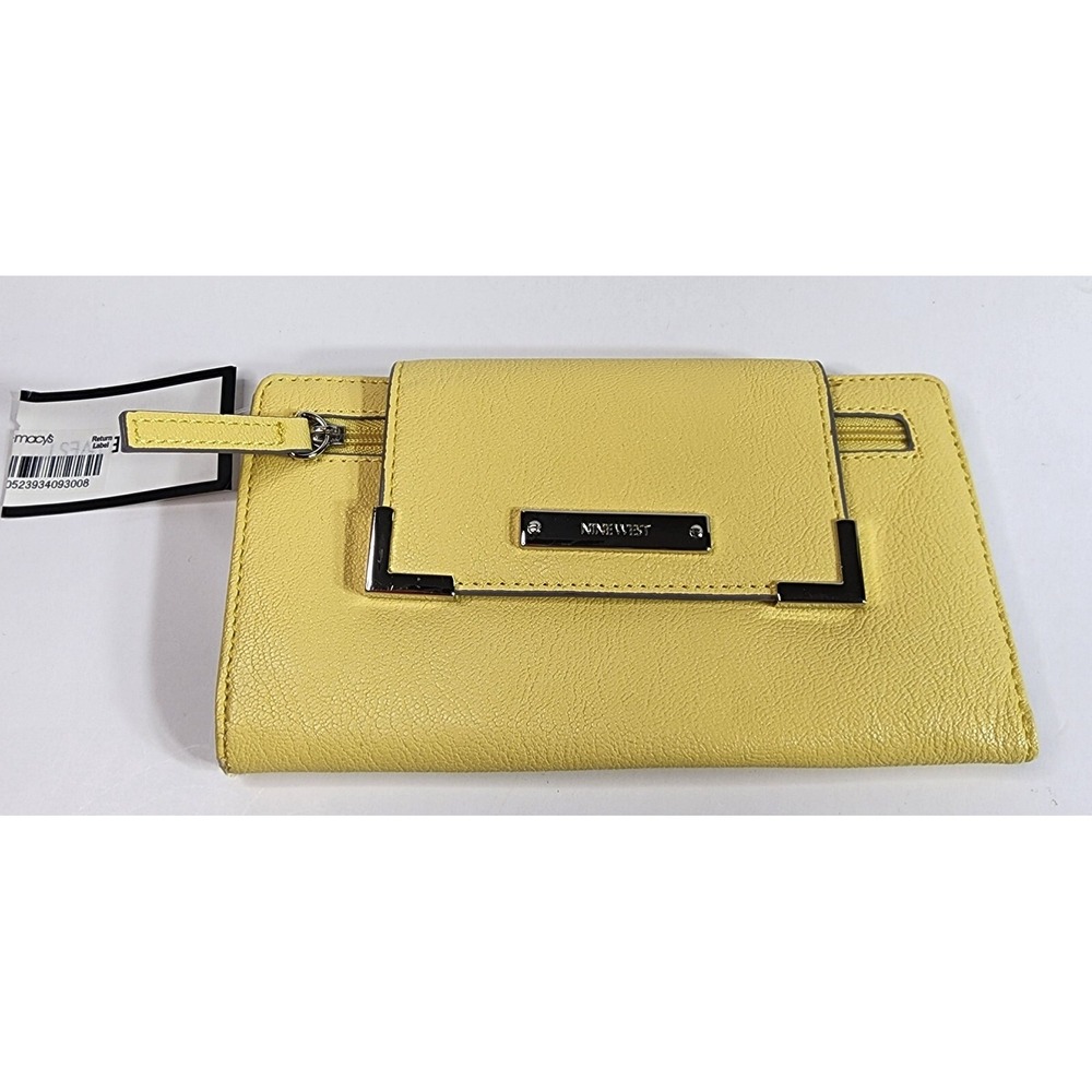 Nine West Womens Tri Fold Yellow Leather Wallet Checkbook Credit Cards Change